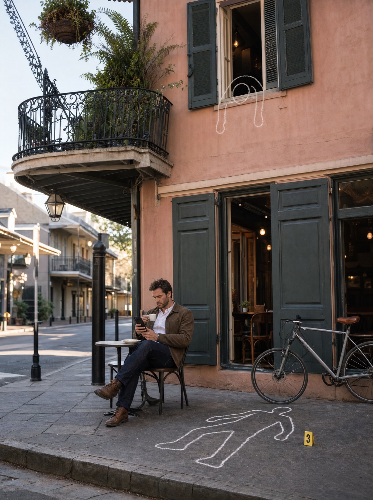 A man reads his phone over an espresso outside a French Quarter café in New Orleans; a chalk outline lies on the sidewalk beside him and another hangs from the window above.