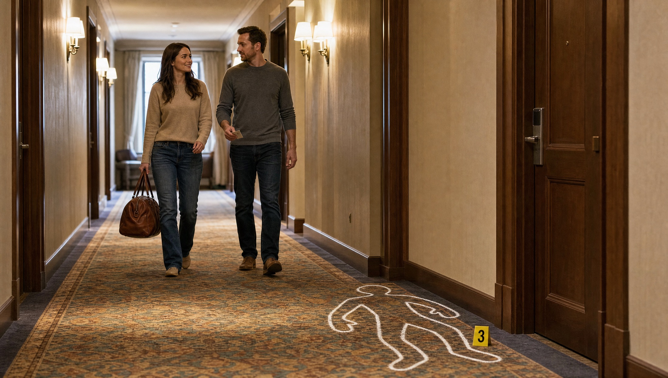 A couple walks down a hotel corridor with a weekend bag, chatting; on the carpet beside a room door, a chalk outline of a body and a yellow evidence marker.