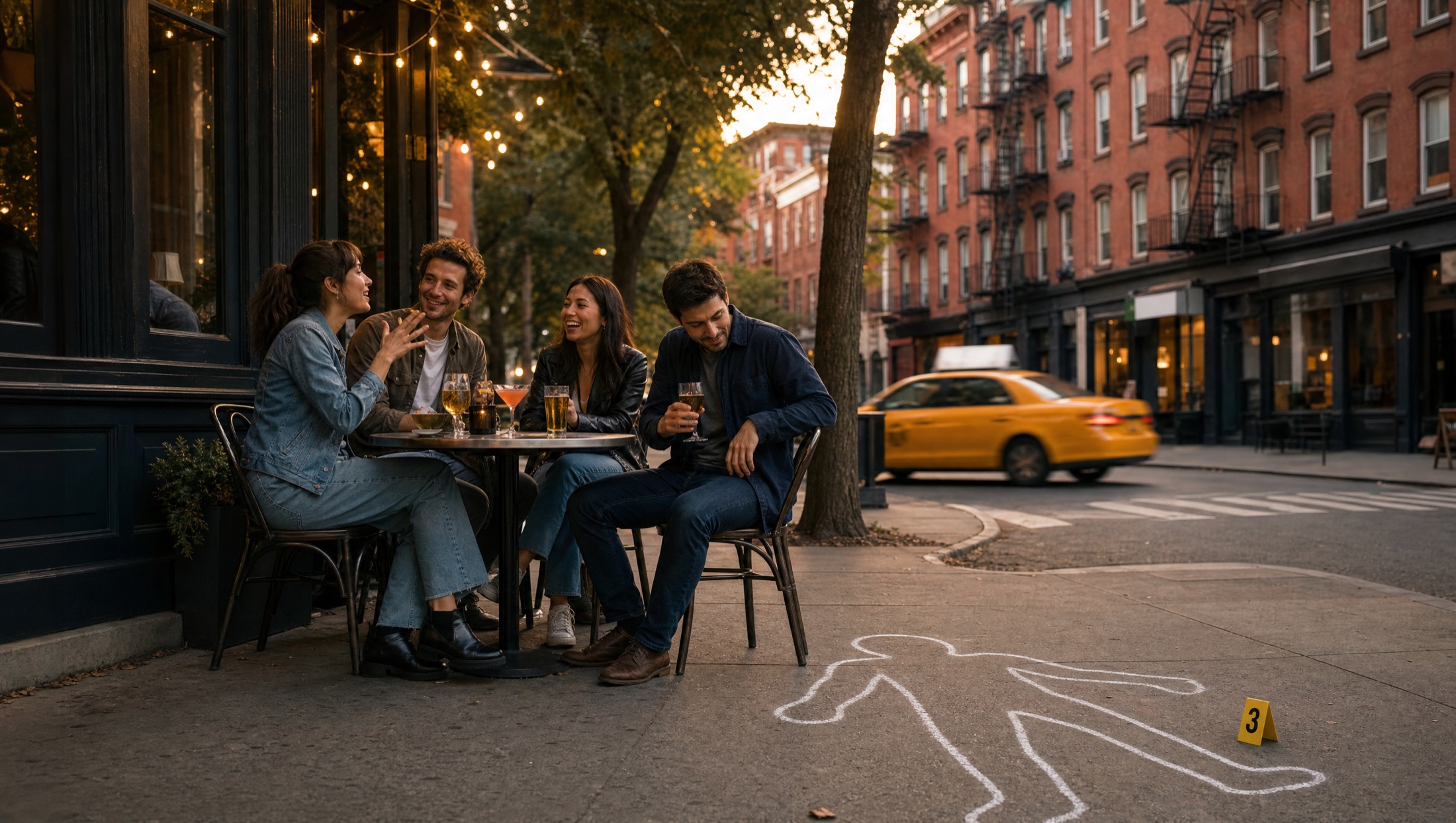 Four friends have drinks at a sidewalk table outside a West Village bar at dusk; one of them glances at a chalk outline of a body drawn on the sidewalk beside them.