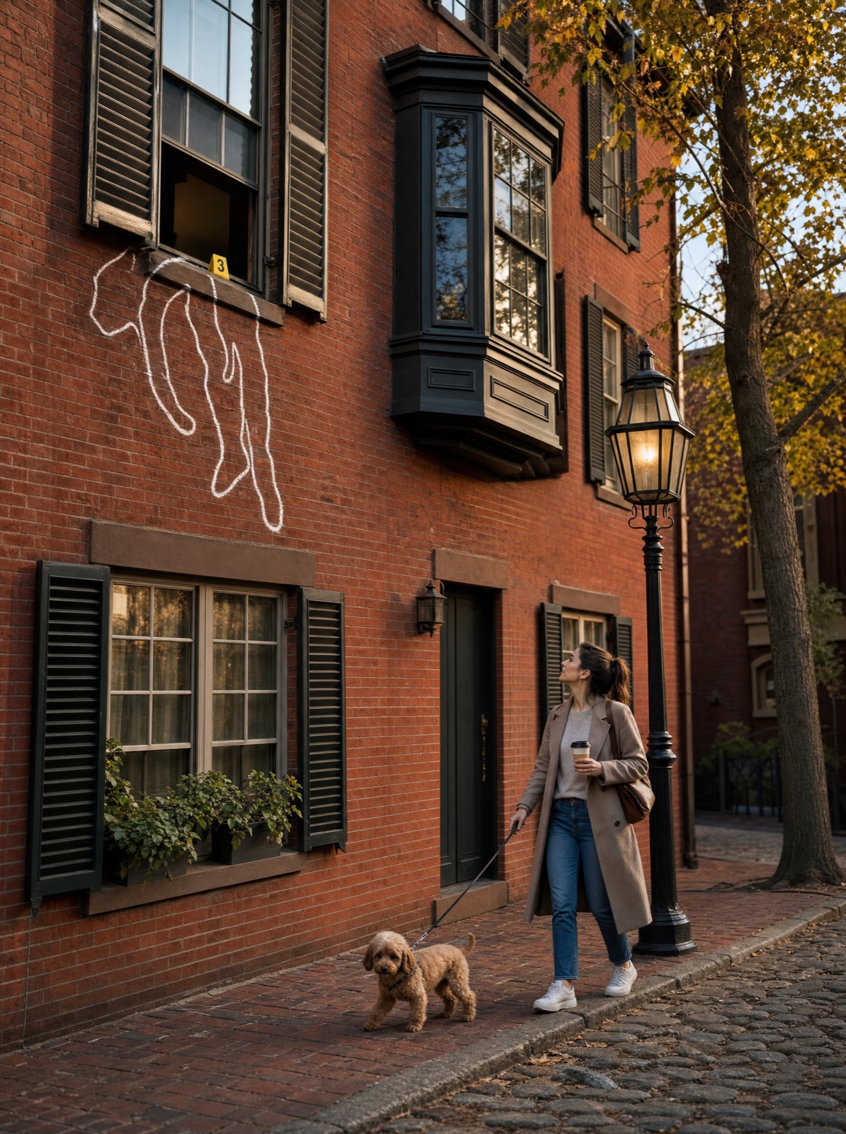 A woman walking a small dog on a Boston brick street looks up at a chalk outline of a figure slumped over a second-floor windowsill.