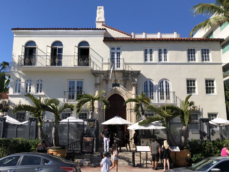 Casa Casuarina, the former Versace mansion, seen from Ocean Drive in Miami Beach, with its front steps and gate.