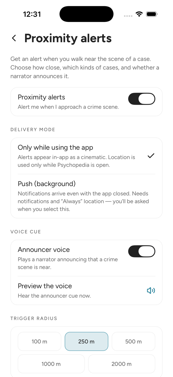 The proximity alerts settings: the master switch, trigger radius, categories, delivery mode and quiet hours.