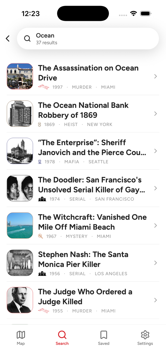 Search results in Psychopedia for “Ocean”: a list of cases with cover photographs, year, category and city, including The Assassination on Ocean Drive, 1997, Miami.
