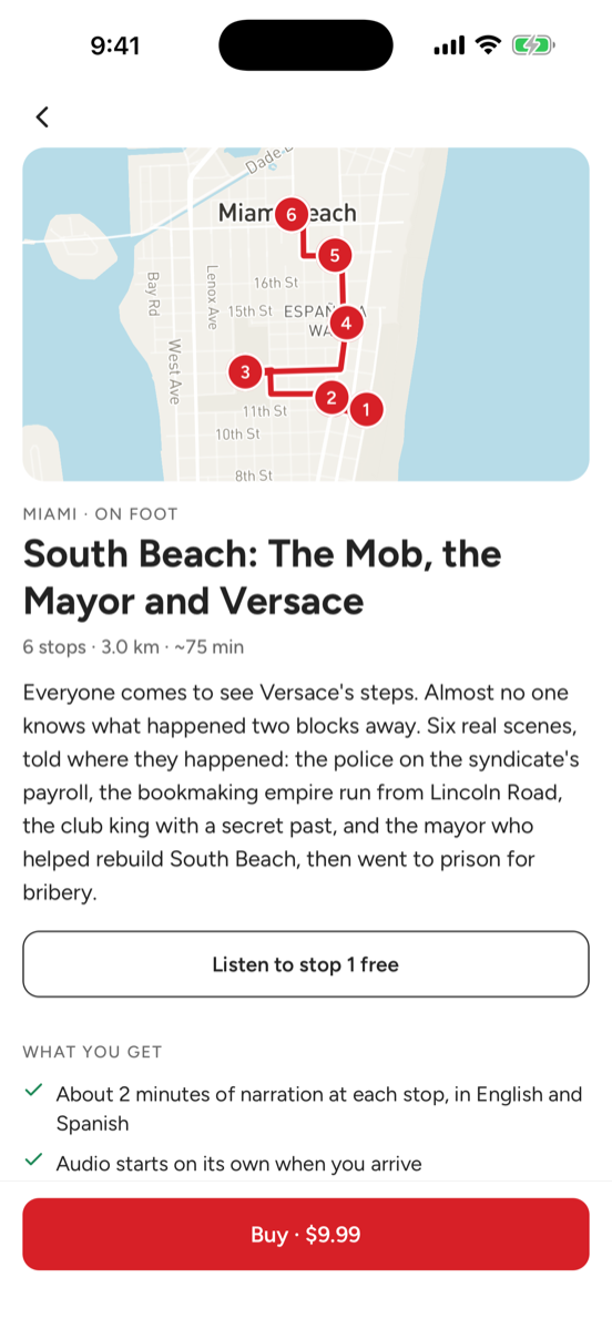 A tour in Psychopedia: the route through South Beach on a map with six numbered stops, the description, a button to listen to the first stop free and the price.
